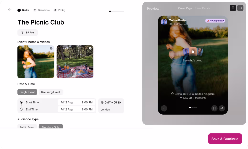 Dashboard preview showing event management interface